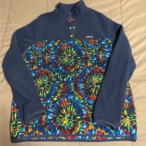 Lands’ End Tie-Dye Colorblock Fleece Snap Pullover Navy Women’s XL (Fits Snug)